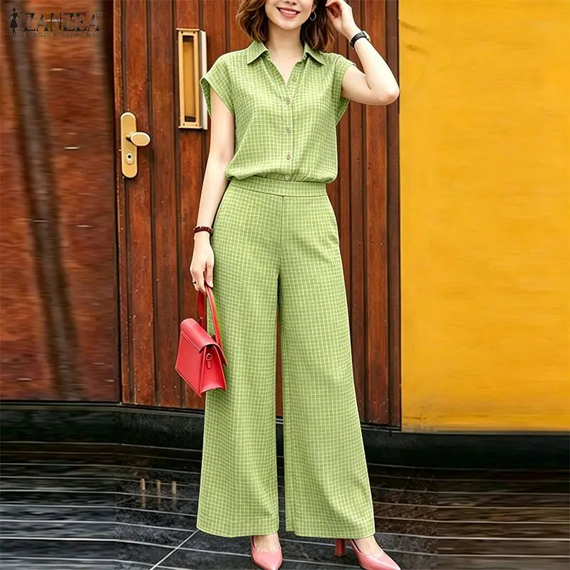 2026 ZANZEA Summer 2 Pieces Sets Elegant Lapel Neck Sleeveless Shirt Pant Sets Plaid Tracksuit Stylish Women OL Work Outfits