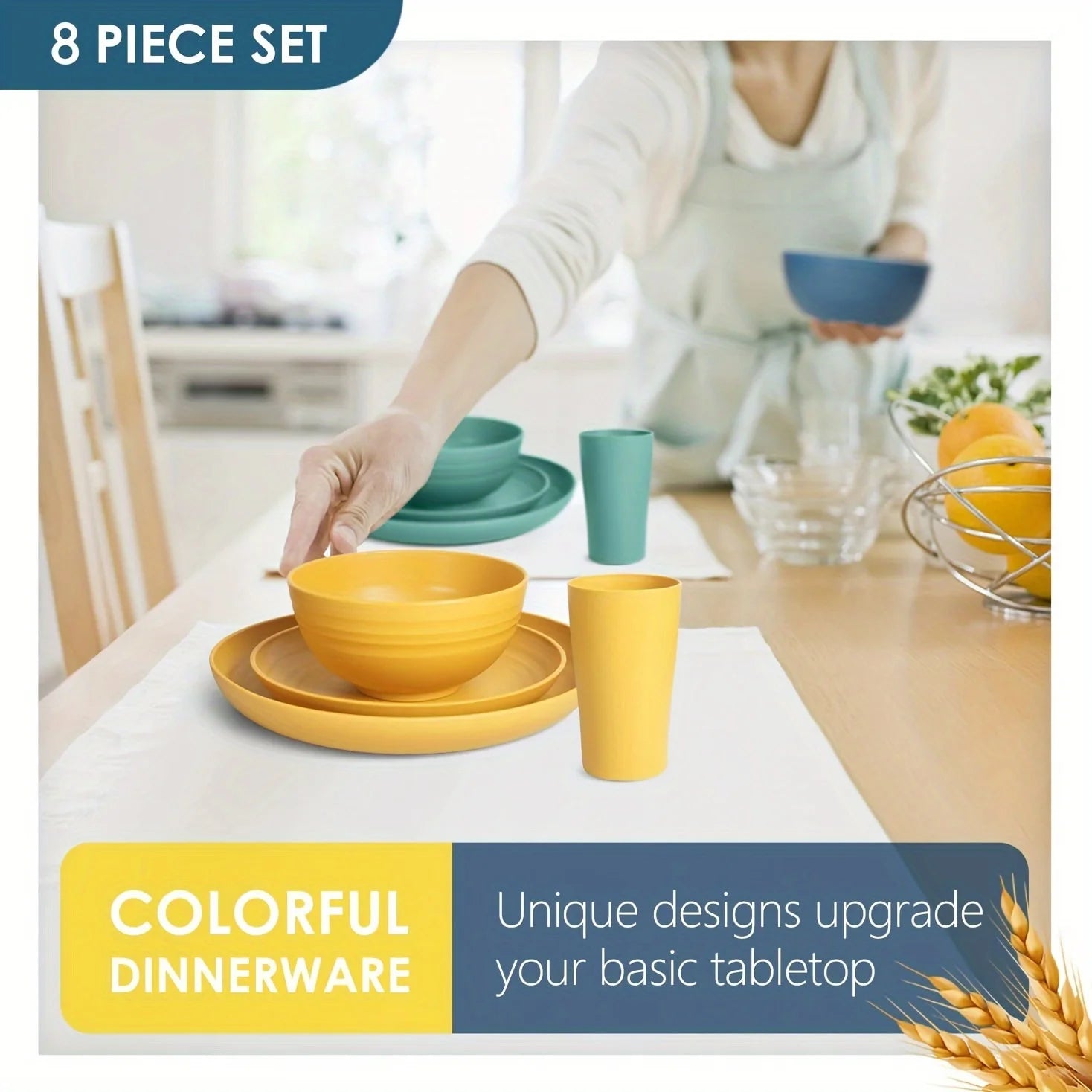 32-Piece Kitchen Plastic Dinnerware Set, Service For 8, Dinner Plates, Dessert Plate, Cereal Bowls, Cups, Unbreakable