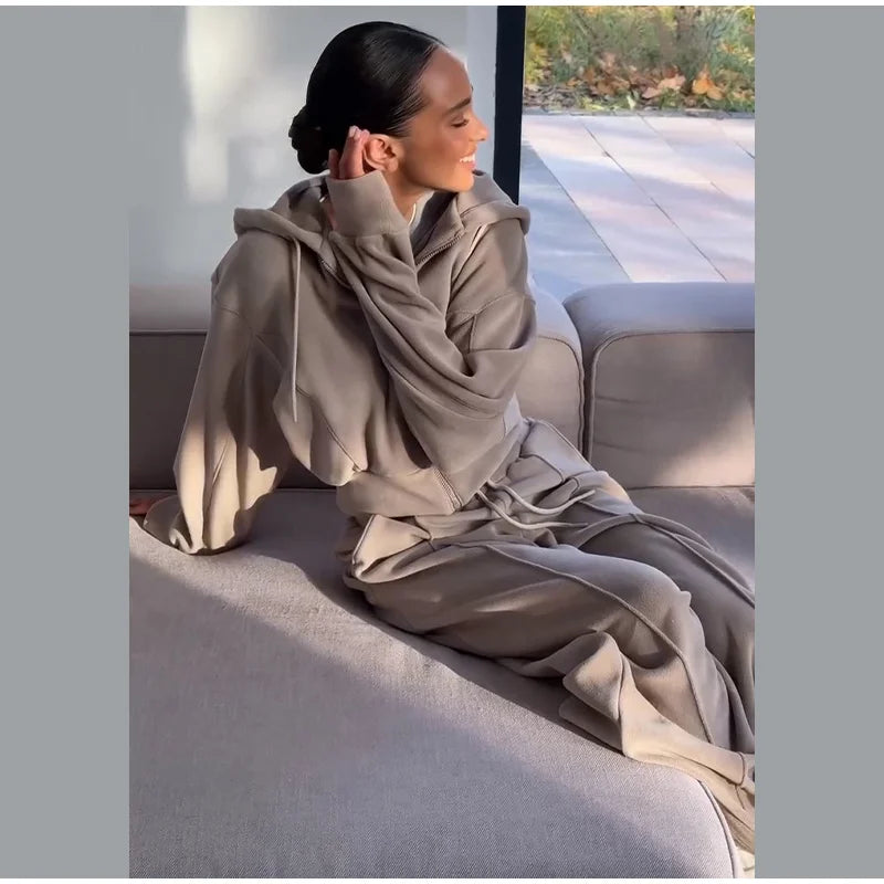 Casual Hooded Coats Long Pants Sets Women's Full Sleeve Draw-string Zipper Tops Wide-leg Trousers 2026 New Ladies Spring Outwear