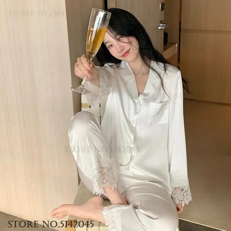 Luxury Women Pajamas Set Night Wear Elegant White Silk Satin Lace Sleepwear Trouser Suit Home Clothes Loose Casual Loungewear