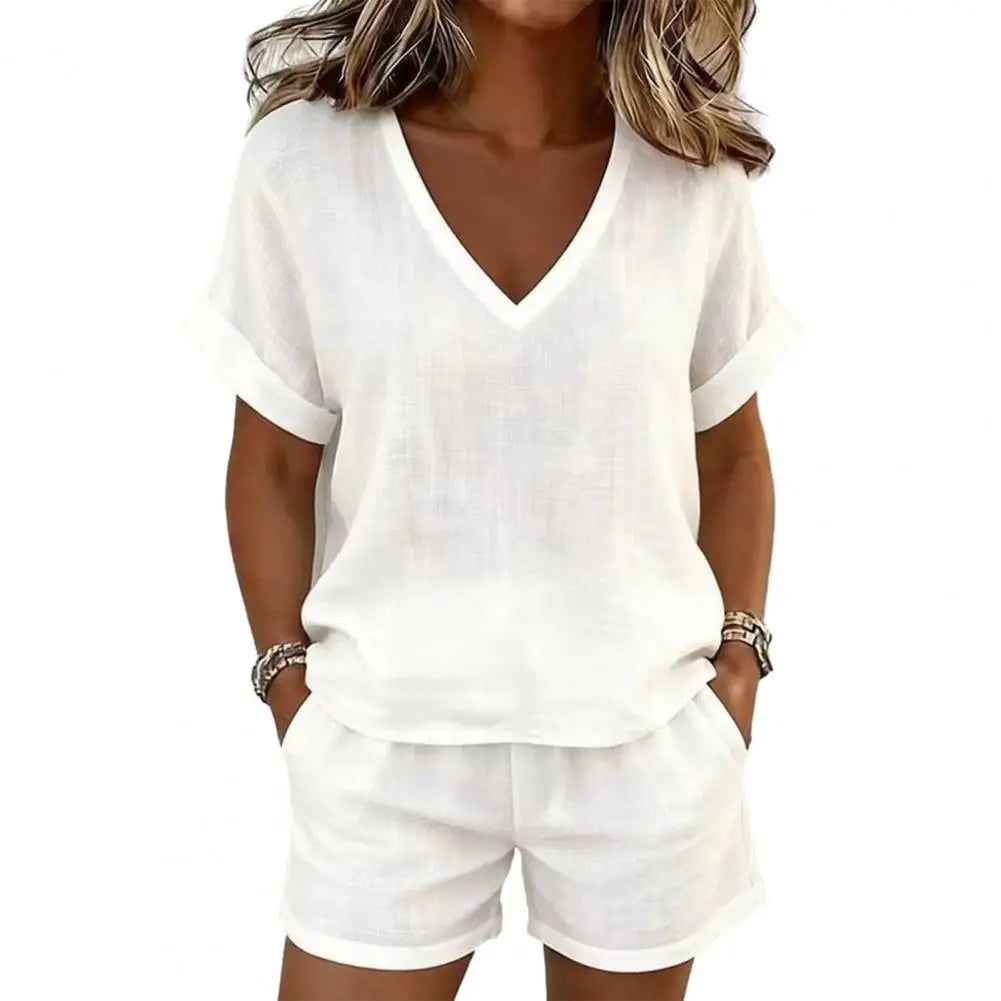 Women T-shirt And Shorts Set V-neck Short Sleeve Top 2 Piece Sets 2026 Elegant Summer Women Two Pieces Suit Female Outfit Clothe
