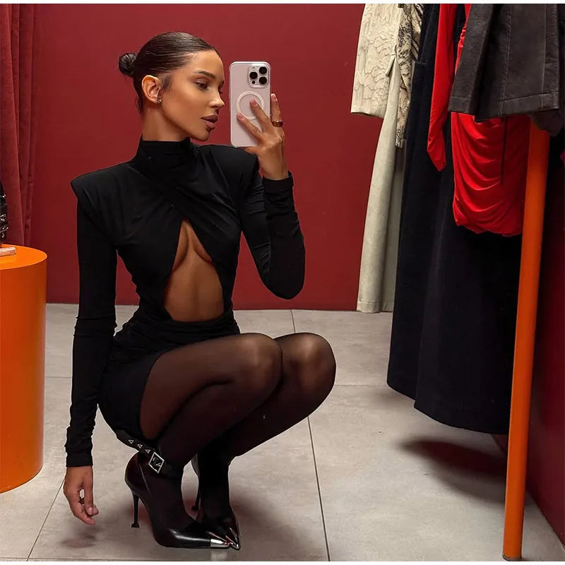 Elegant Hollow Out Mini Dress Women Sexy Long Sleeve Bodycon Waist Cinching Vestidos 2025 Chic Autumn Office Lady Commute Robes