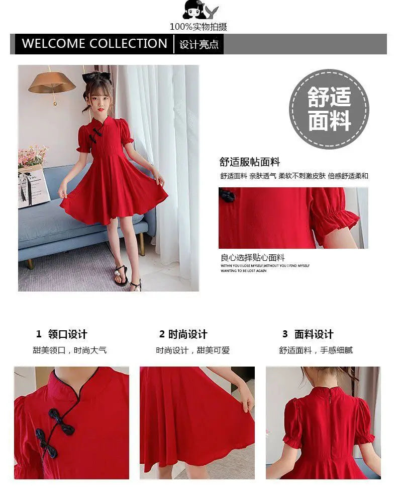 2026 Kids Girls Solid Chinese Red Cheongsam Qipao Princess Teenager New Year Dresses Clothing 4 7 8 9 10 12 14 Years