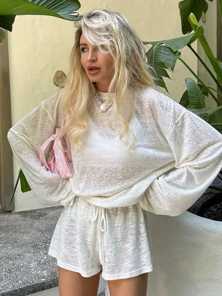 Tossy Casual White 2 Piece Set Women Summer Lounge Wear Loose Long Sleeve Pullover Top And High Waist Shorts Beach Outfits 2026