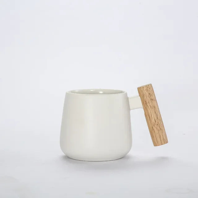 Nordic Style Black White Fat Body Coffee Mug with Wooden Handle and Spoon Modern Office Use Water Milk Drinks Ceramic Cups