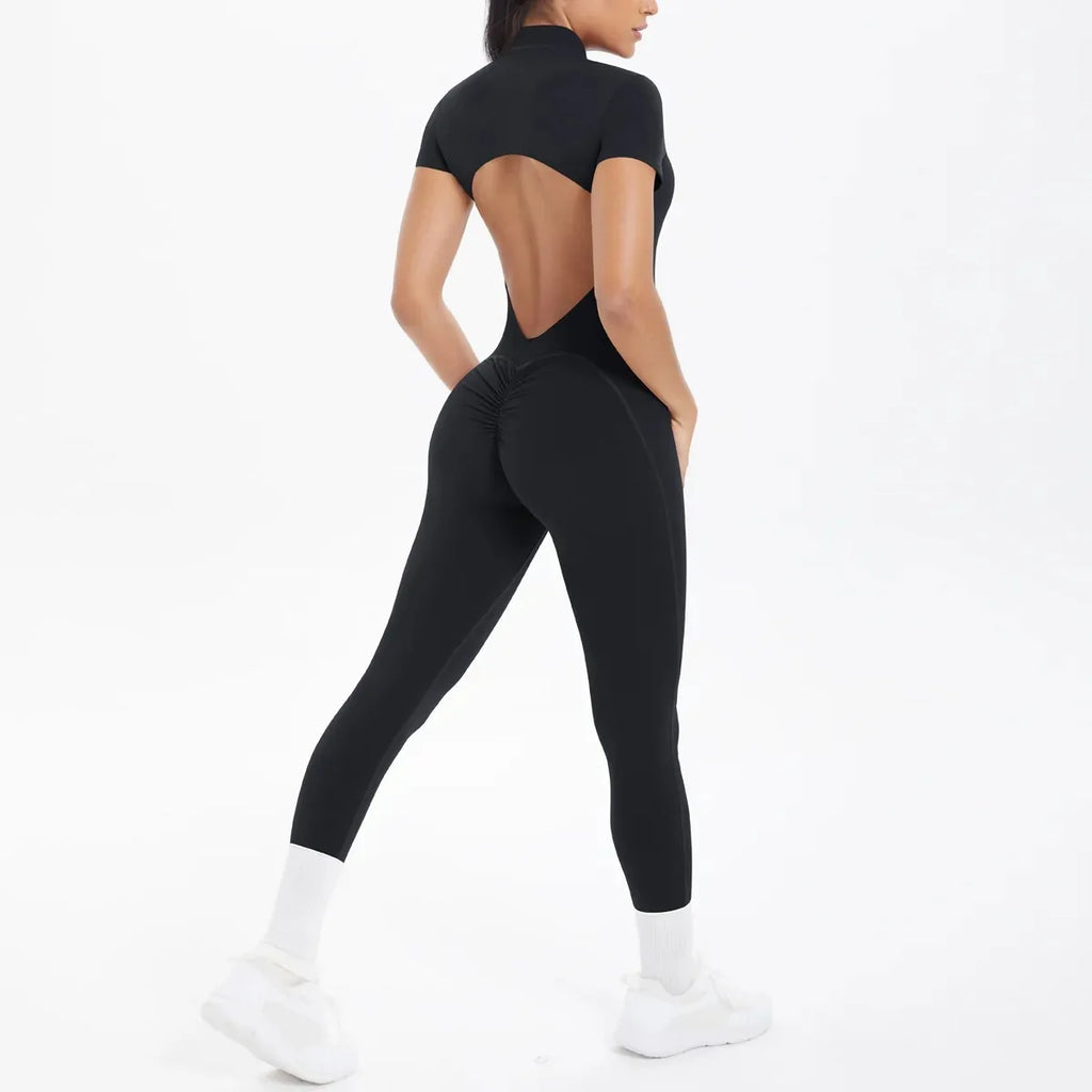 Women's Seamless Yoga Jumpsuits Sports Fitness Zipper Open Back Breathable One-Piece Bodysuits for Gym Running Fitness Workout