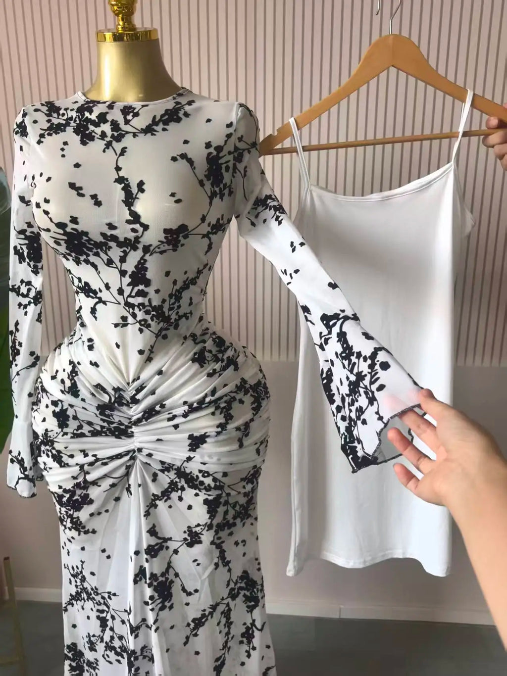 CM.YAYA 2025 Fall Women Long Sleeve Stacked Mesh See Though with Lining Bodycon Long Dress Evening Birthday Sexy Party Dresses