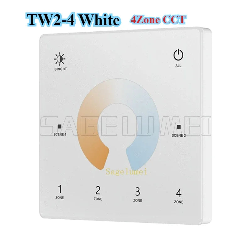 Wall Touch Panel TW1-4/TW2-4/TW4-4/TW5-4 2.4G RF 4 Zone Dimmer Switch Controller for Single Color/RGB RGBW/RGBCCT LEDStrip Light