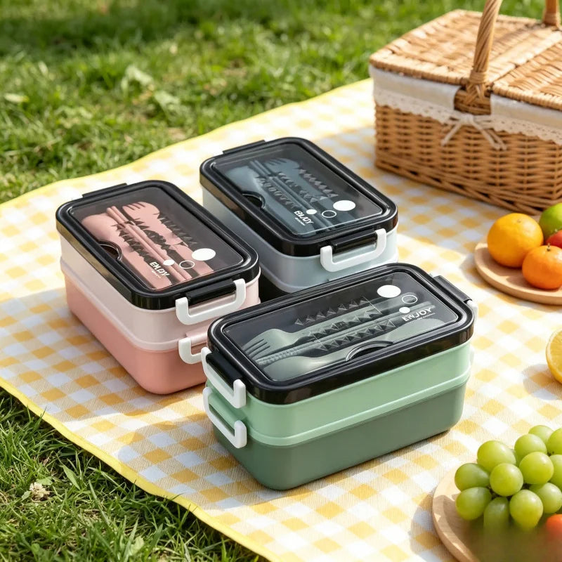 1Pc 1400ml Double-Layer Lunch Box, Portable Compartment Food Container, Microwave Safe with Fork, Chopsticks & Spoon for Picnic