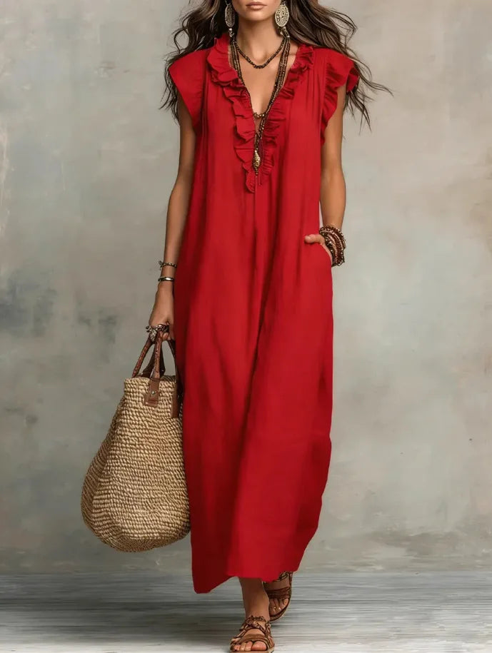 Women Spring Summer Boho Flutter Sleeve Floor Length Maxi Dress Elegant Beach Long Dress