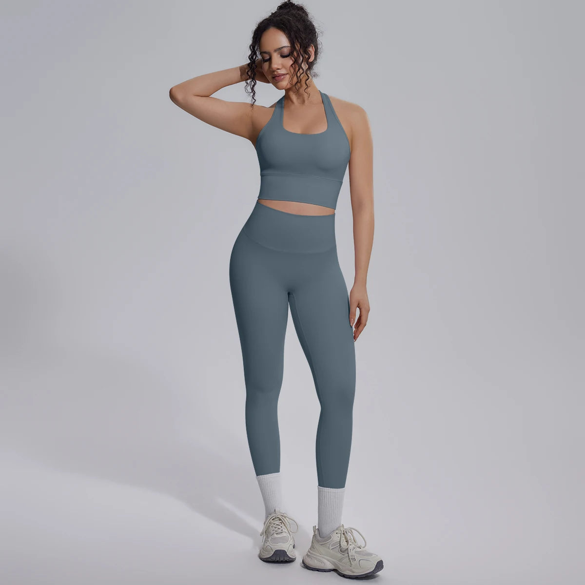 Rooftrellen New Women's Two-piece Set Fitness Sports Solid Color Yoga Set Summer Quick Drying Legging Pants Gather I-shaped Vest