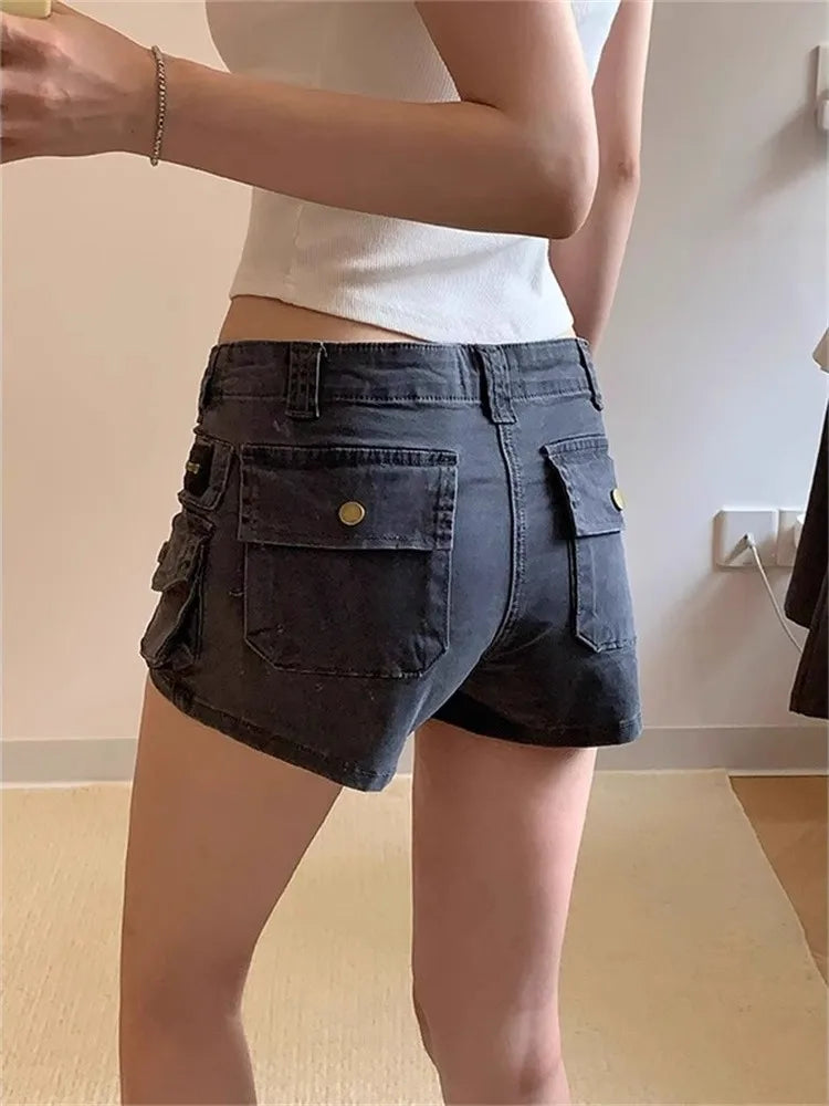 Women's Grey Cargo Jeans Shorts Pocket Y2K Japanese Harajuku High Street 2000S Style Aesthetic Sexy Retro Denim Shorts Clothing