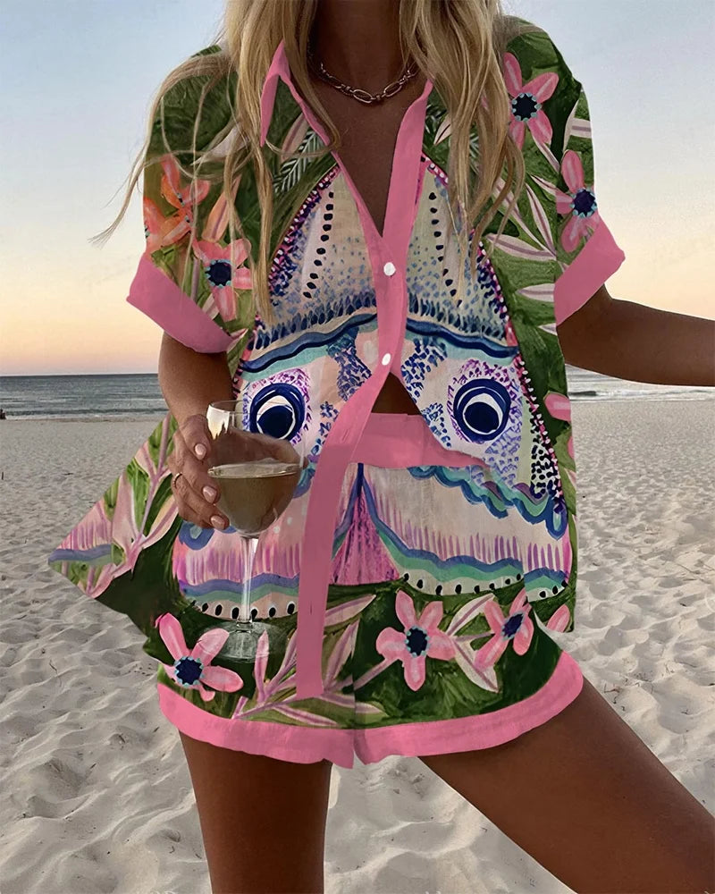 Summer Hot Style Print Beach Holiday 2-Piece Set Women Short Sleeve Shirt Top Wide Legs Short Women's Oversized Two-Piece Sets