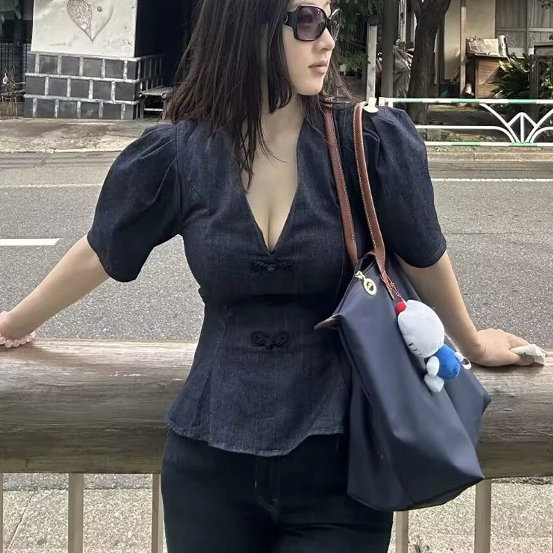 Denim Women's Shirts Blouse 2026 Summer New Fashion Slim V-neck Blouses Women's Summer Chic Travel Holiday Youth Shirts Tops