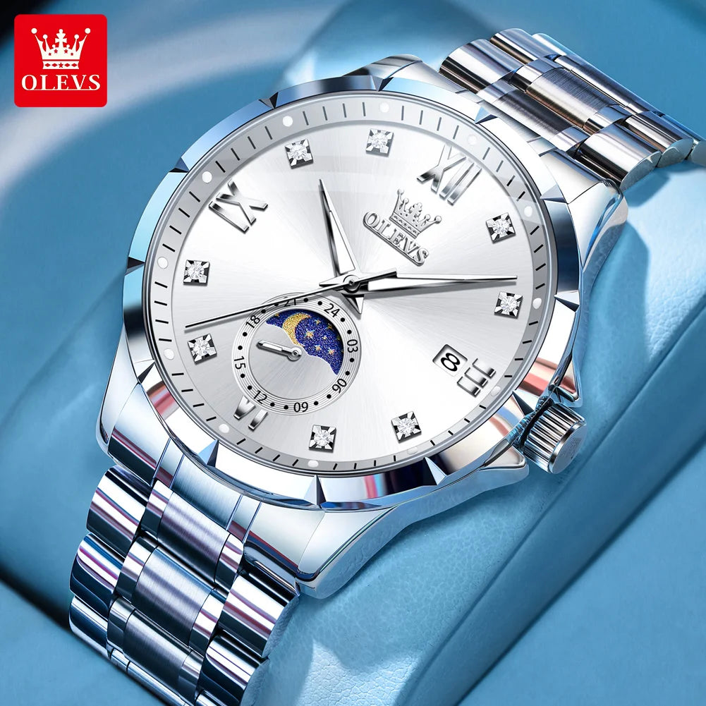 OLEVS 2956 Mens Watch Business Original Quartz Watch Large Dial Waterproof Luminous Automatic Date Moon Phase Watches For Man