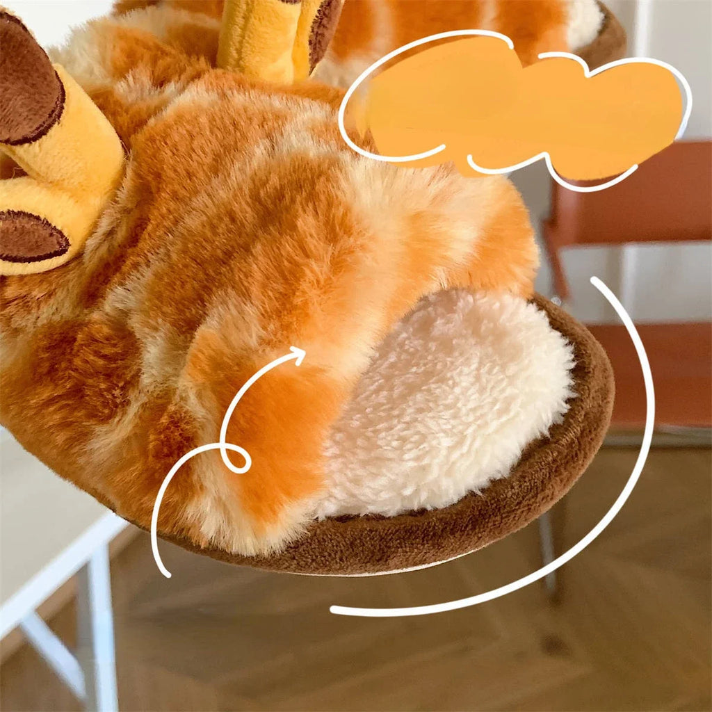 Shoes for Women Winter New Indoor Warm Cotton Shoes for Students At Home Cartoon Giraffe Plush One-word Slippers Chinelos Planos