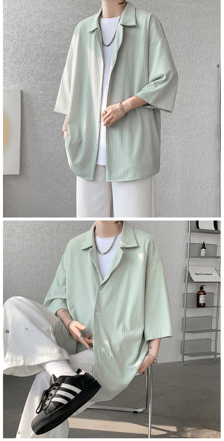 LEGIBLE Spring Summer Solid Shirts Men Casual Oversized Three Quarter Shirts Male Loose Fit Shirt for Man