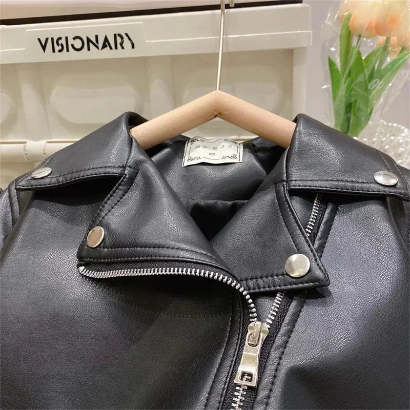 Spring Girls Pu Leather Jackets Autumn Kids Zipper Trends Short Coats Children Handsome Outerwear Baby Classics Clothes 2-8 Year