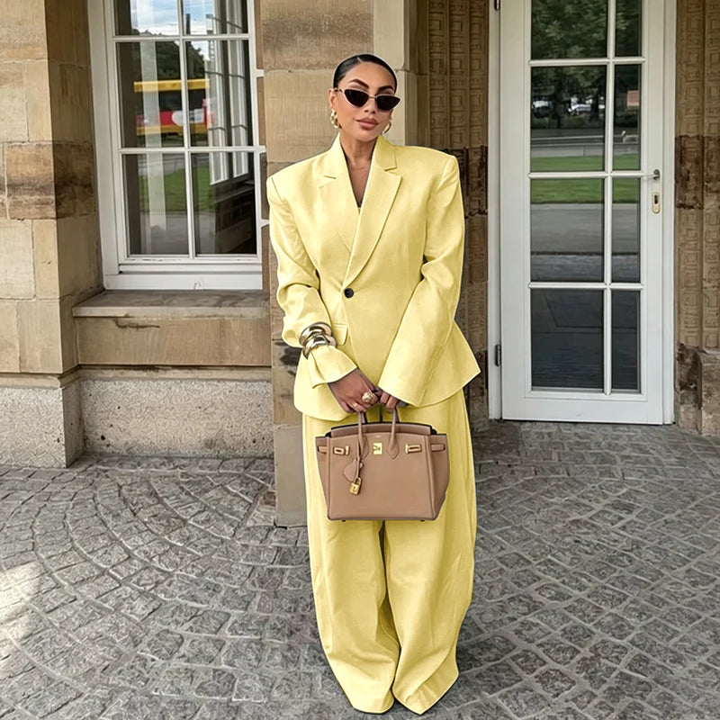 Chic White Wide-leg Pant Single Breasted Women Pants Set New Female Two Pieces(Blazer+Trousers) Conjuntos Femininos Elegantes
