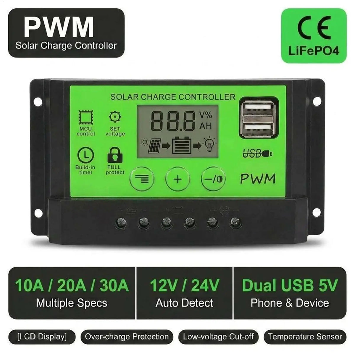 Solar Panel Charge Controller 12V/24V 30A LCD Display Regulator Solar Power Controller For RV Camper Trailer Van Truck Car Home