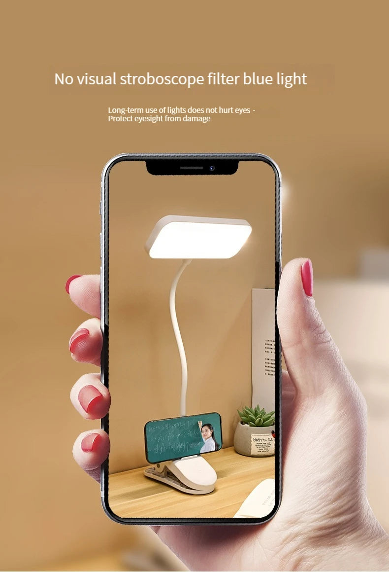 Clip-On Desk Lamp with Eye Care, USB Rechargeable & Plug-in Dimmable LED Light, Adjustable Study Lamp for College Dorm, Bedroom