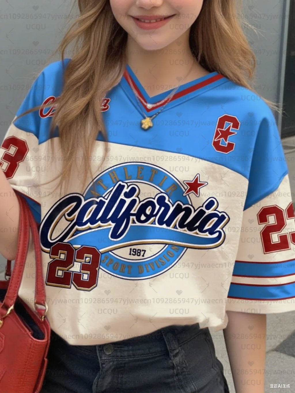 Girls Casual Sports Style California Print Short Sleeve V-Neck Women's Children Men's T-shirt Tops