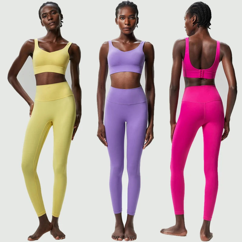 Two Pieces Fitness Yoga Set Women Solid Color Stretchy Soft Gym Suit Breathable Quick Dry Running Sportswear Workout Clothes