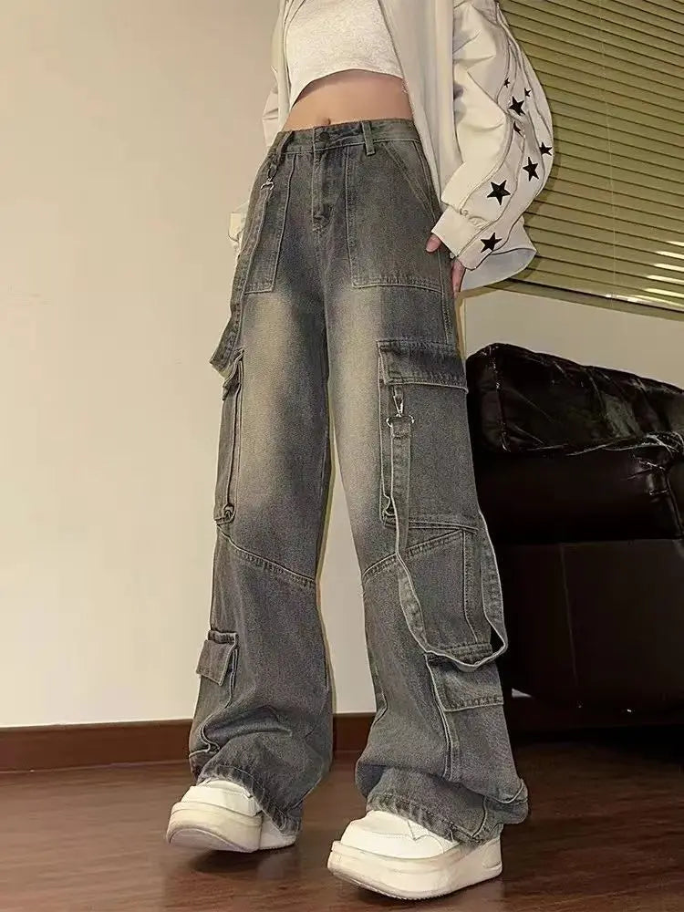 American Vintage Washed Multi-Pocket Cargo Jeans for Women High Waist Streetwear Loose Wide Leg Trendy Designer Denim Trousers
