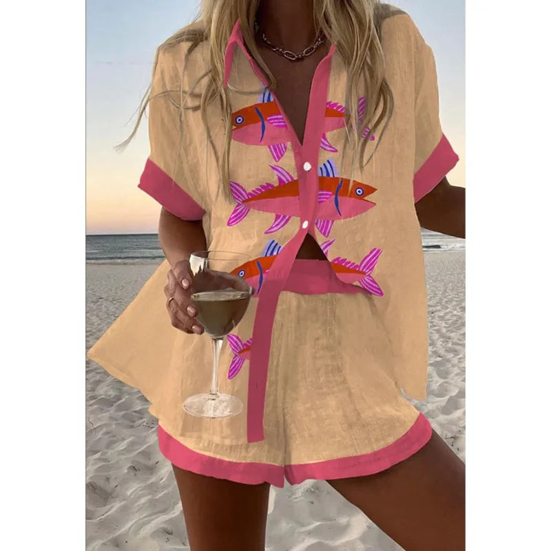 Fashion Print Beach Holiday 2 Piece Set Women Summer Short Sleeve Shirt Top Wide Legs Shorts Women's Oversize Two Piece Outfit