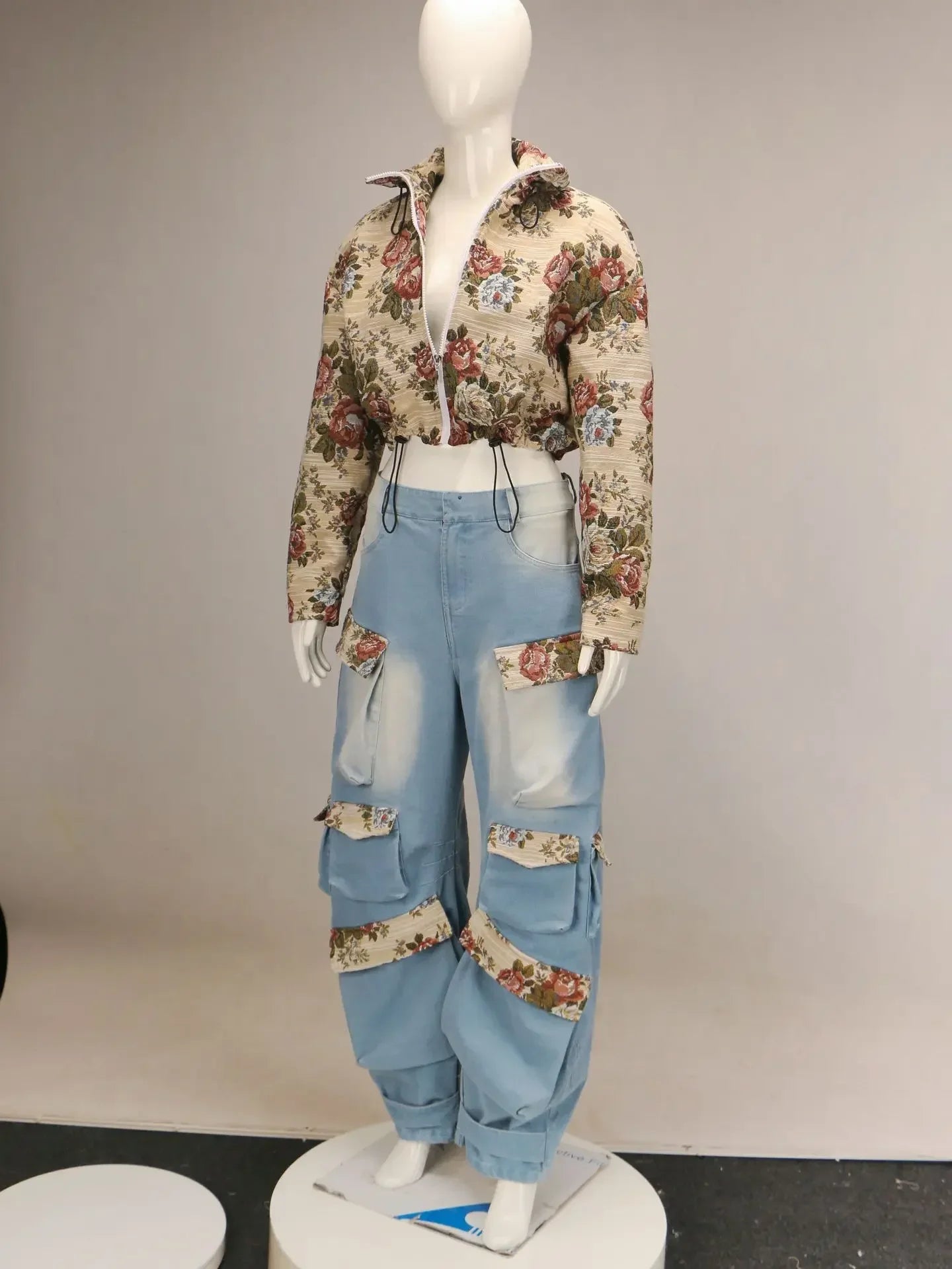 Washed Jeans Women's Set Full Sleeve Floral Jacket and Pockets Cargo Jeans Pants Suit 2025 Street Two 2 Piece Set Outfit