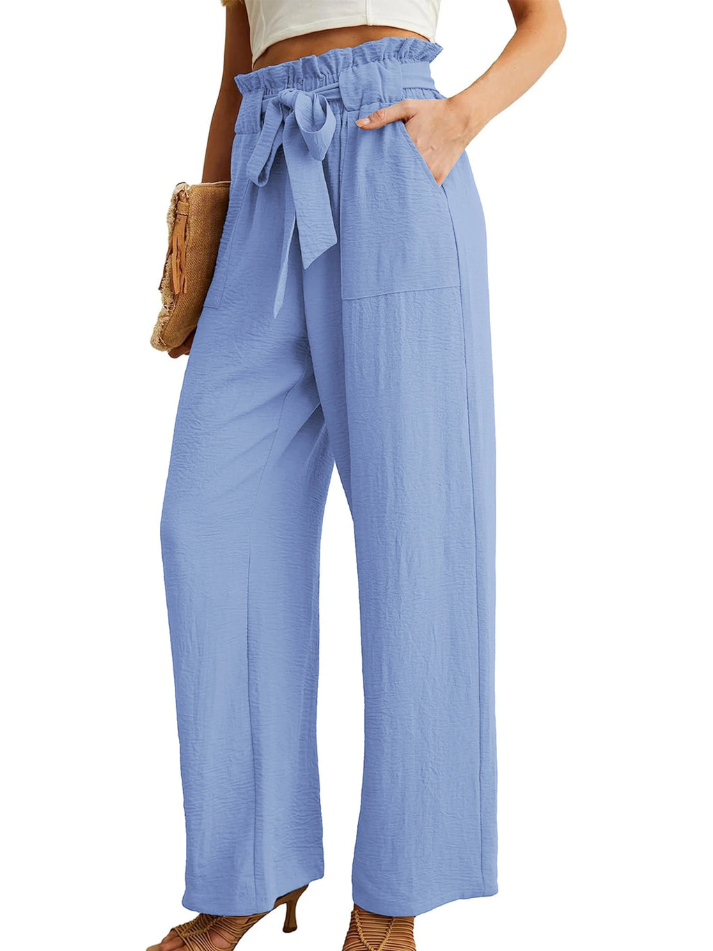 Women's High Waist Wide Leg Casual Pants with Pockets Adjustable Drawstring Loose Slimming Comfortable for Vacation