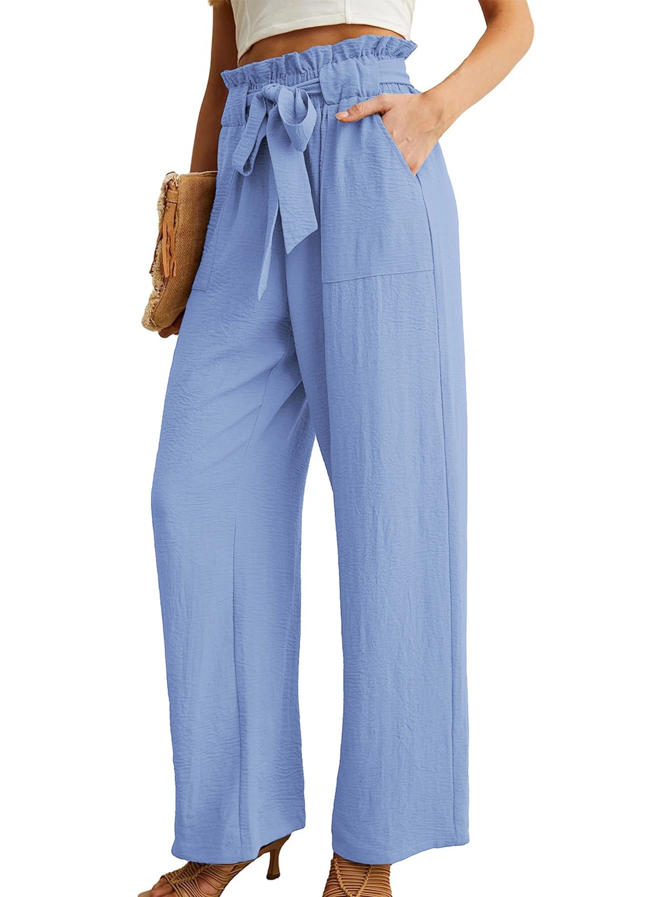 Women's High Waist Wide Leg Casual Pants with Pockets Adjustable Drawstring Loose Slimming Comfortable for Vacation