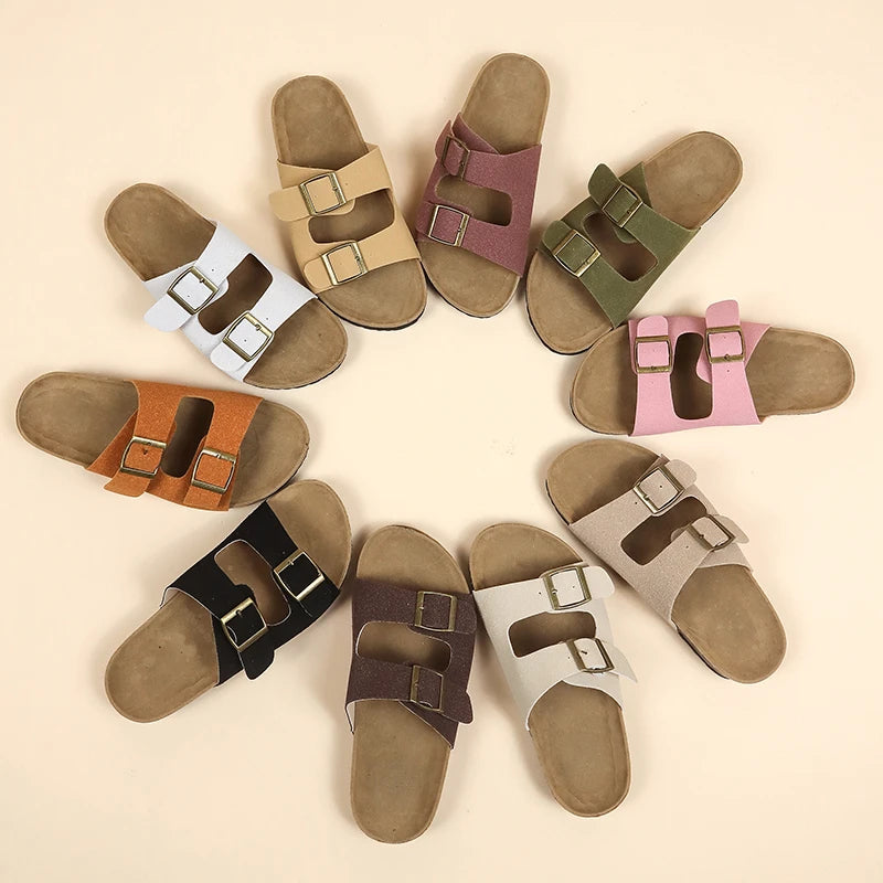 Women's Flat Outdoor Beach Casual Slippers Man Sliders Thick Sole Leather Cork Sole Sandals and Slippers