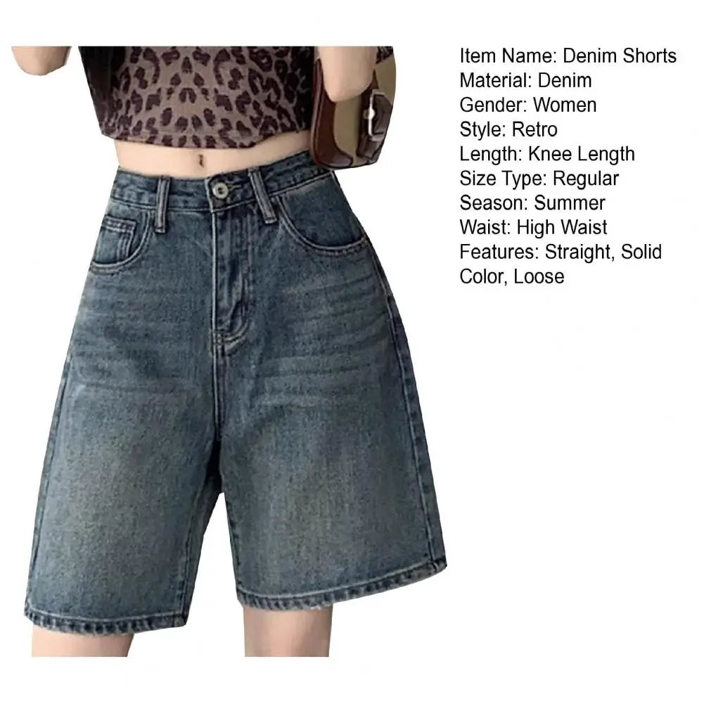 Retro Style Women Denim Shorts High Waist Vintage Washed Straight Wide Leg Button Zipper Knee Length Jeans Shorts Summer