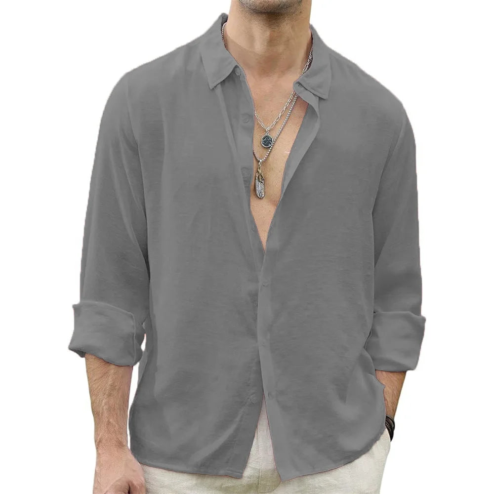 Men Beach Shirts Cotton Linen Shirts Men's Causal Loose Solid Color Long Sleeves Men's Autumn Hawaiian Streetwear