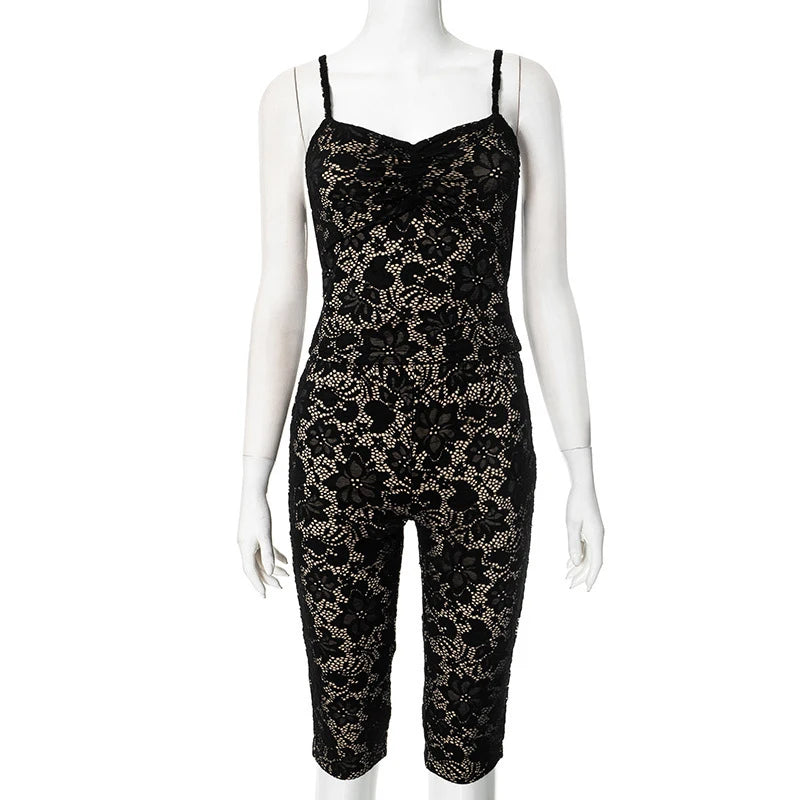Sexy Women Hollow Out Spaghetti Strap Lace Capri Set Two-Piece Outfits Night Out Club Overalls Rave Outfits