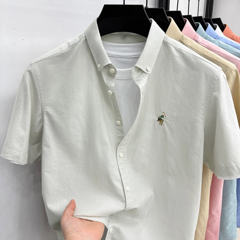 Short Sleeved Shirt Men's Summer New Item Pure Cotton High-end Brand Little Horse Logo Embroidered Casual Shirt