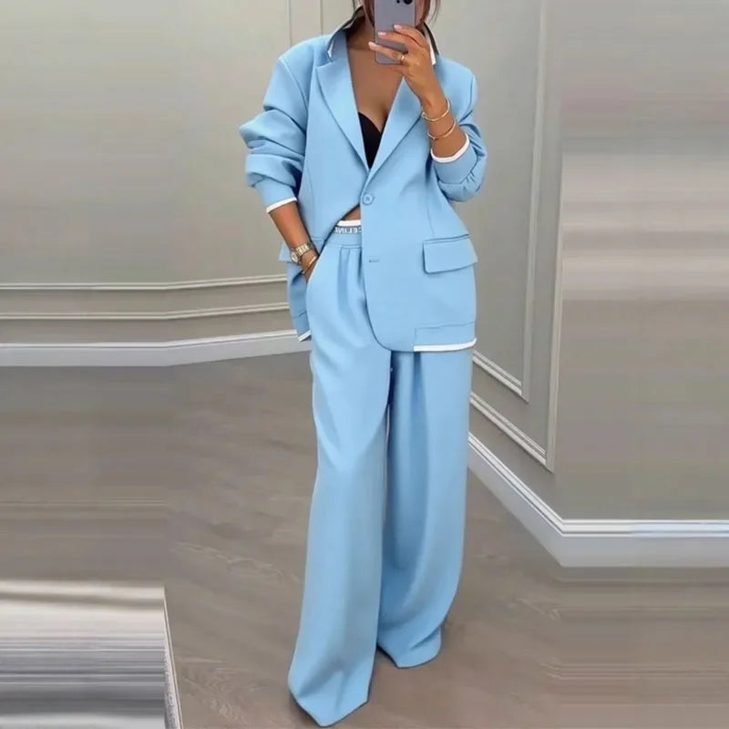 Casual Women's Suit Set Autumn Sexy Turn down Collar Button Blazer & Straight-leg Pants Set Winter Solid Long Sleeve Chic Outfit