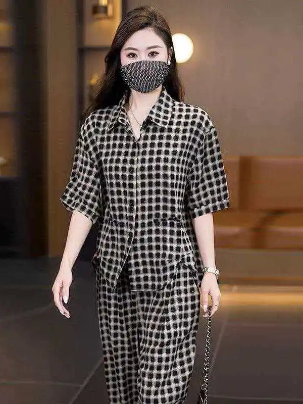 plus Size Casual Plaid Short Sleeve Women's Set Summer New Fashion Loose Shirt Two Piece Set High Waist Long Pants