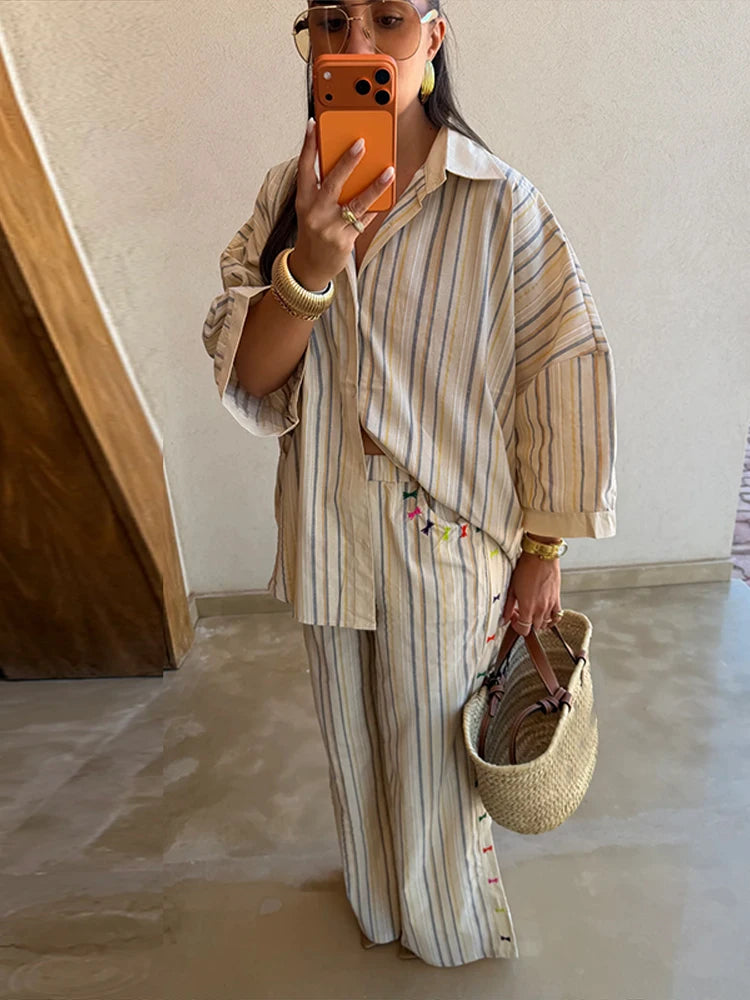 Loose Striped Contrast Wide Leg Pants Set Women Oversized Lapel Single Breasted Shirt Trousers 2026 Summer Lady Casual Outfits