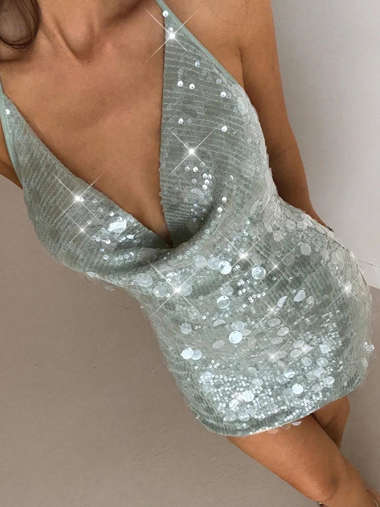 Women Chic Sequin Spaghetti Strap Mini Dress Lightweight Sexy Lace Trim Slimming Sleep Dresses 2026 Summer Beach Vacation Wear