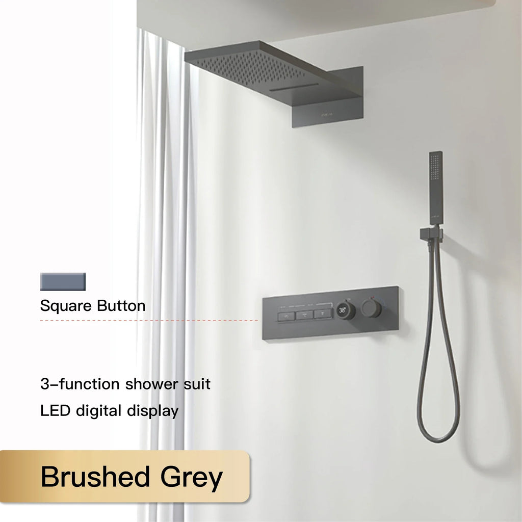Luxury Black Brass Shower System, Wall Mounted Led Digital Display, Cold Hot Dual Control, Four Function Ceiling Shower Tap