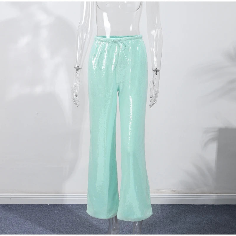 Street Sequin Loose Lace Up Pants Women Elastic Waist Wide Leg Trousers Female 2026 Spring Summer Lady Shiny Party Club Clothes