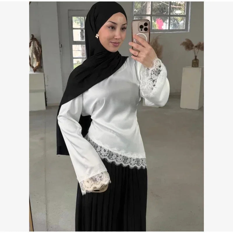 Elegant Satin Lace Patchwork Top Women Casual O-neck Loose Long Sleeves Strappy Female Shirt 2026 Spring Lady Fashion T-shirt