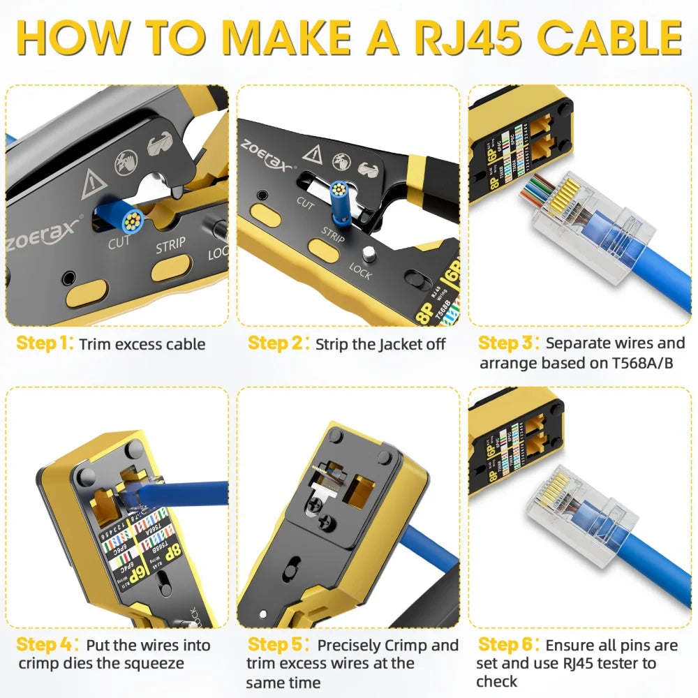 ZoeRax RJ45 Crimping Tool Pass Through Crimper for Cat6/5e/5 Ethernet Connector All-in-one Wire Tool With Replacement Blade