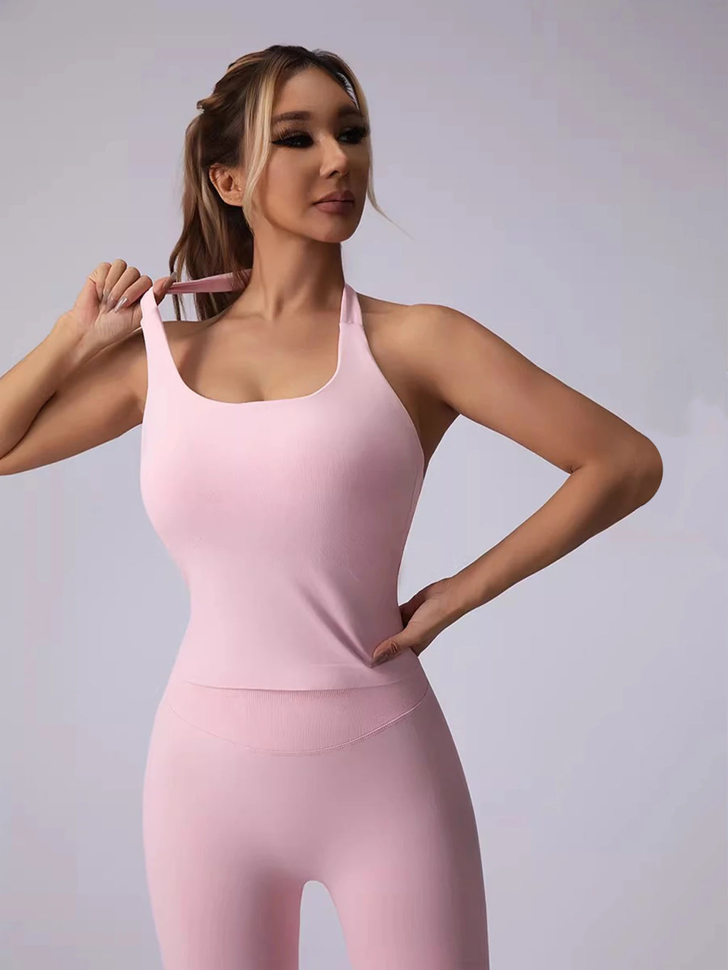 Women's Halter Neck Backless Camisole Sports Set with Padded, Shockproof Yoga Tank Top for Gym Fitness Workout & Daily Outdoor W