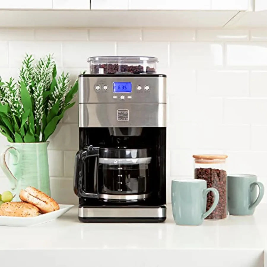 Kenmore Elite Grind and Brew Coffee Maker - Built-In Grinder Automatic Drip Coffee Machine 12 Cup Programmable Brewer Bean Grin