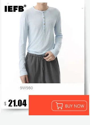 IEFB Niche Design Men's Tees Long Sleeved Round Collar Lace-up Solid Color Simple Tops Loose Pullover Male Tees Autumn 9X533