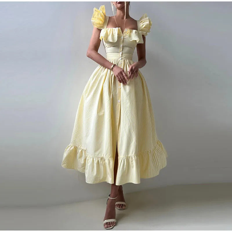 Fashionable Striped Ruffle Pleated Women's Dress Elegant Solid Square Neck Single Button Dresses Female Summer Chic Casual