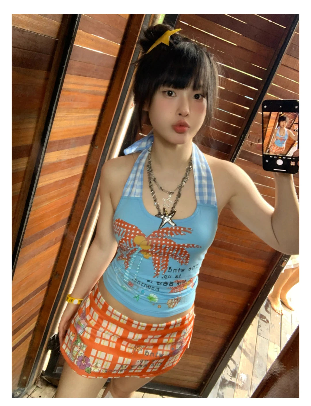 Erwofeina Hotsweet Blue Patchwork Plaid Halter Tops 2000s Clothes Y2k Sleeveless Camis Summer Tank Tops Beach Camisole Chic